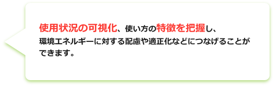 使用状況の可視化、使い方の特徴を把握し、環境エネルギーに対する配慮や適正化などにつなげることができます。